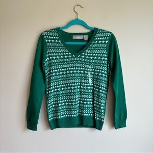 NWOT Liz Claiborne Green V-Neck Patterned Sweater MP